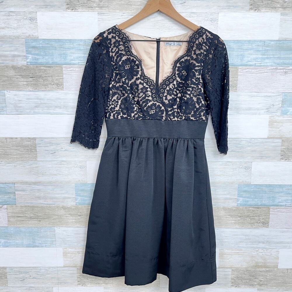 Eliza J Lace Fit & Flare Cocktail Dress Black Cream Knee Length Lined Womens 4